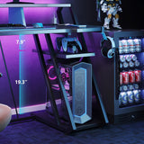 MOTPK Gaming Desk with Power Outlet & LED Lights, Gaming Computer Desk 47inch with PC Storage Shelf, Gaming Table with Carbon Fiber Texture, Gamer Desk, Gift for Boys Men, Black MOTPK