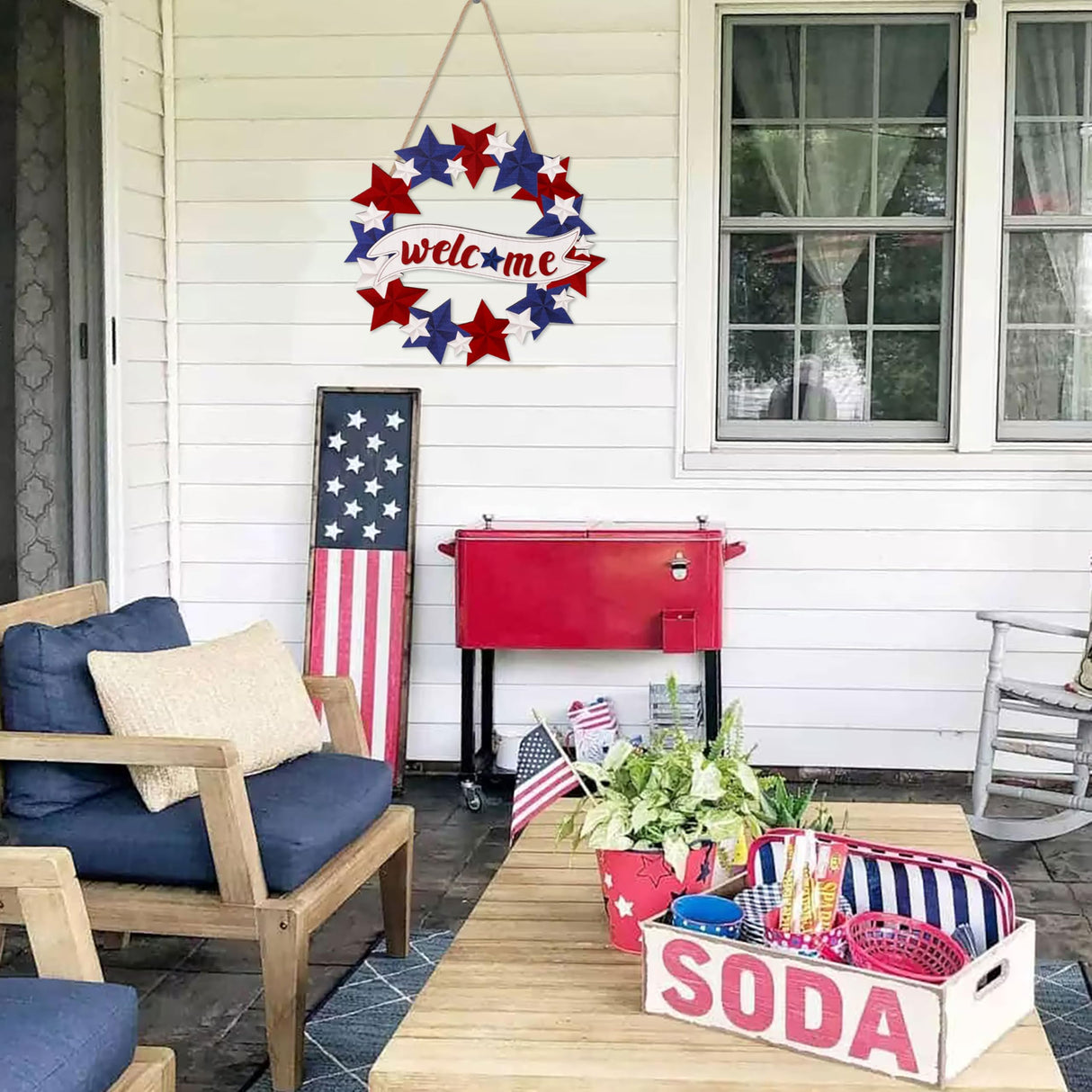 4th/Fourth of July Decorations Welcome Wreath for Front Door - Wooden Red White and Blue Star Sign, Patriotic Memorial Day Porch Home Wall Outside Decor 80UncleKimby