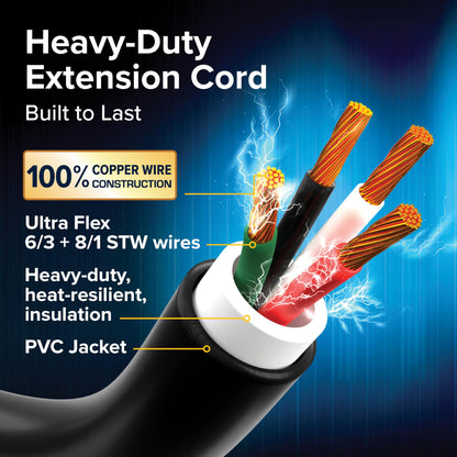 Camco Power Grip 30-Ft 50 Amp RV Extension Cord - Rated for 125/250 V/12,500 W - Features Copper 6/3 + 8/1-Gauge Wires for Superior Conductivity & Coated w/Heat-Resilient PVC (55195) - WoodArtSupply