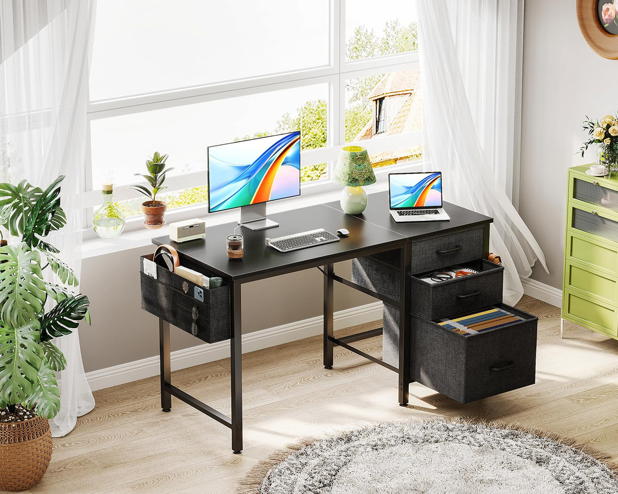 Casaottima 40" Small Computer Home Office Desk for Bedroom with Fabric Drawers & File Cabinet, Cloth Storage Bag and Hook, Writing Study Work Table for Small Space, Black Casaottima