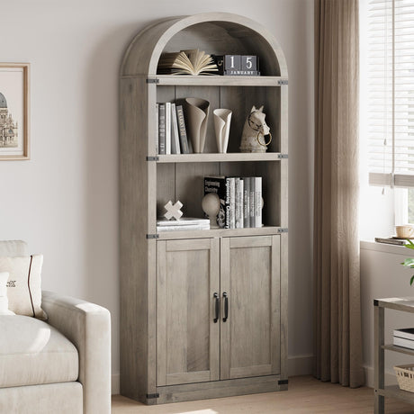 Garveehome Bookcase with Doors Arched Bookshelf 71.65in Tall Bookcase Farmhouse Cabinet with Shelves Wooden Bookshelves for Home Office, Living Room Garveehome