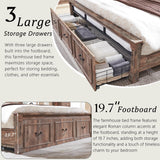 Aitjunz Farmhouse King Size Bed Frame with 51" Tall Headboard, Wood Platform Bed Frame with 20" Tall Roman Column Decoration Footboard & 3 Large Storage Drawers, No Box Spring Needed (Light Brown) Aitjunz