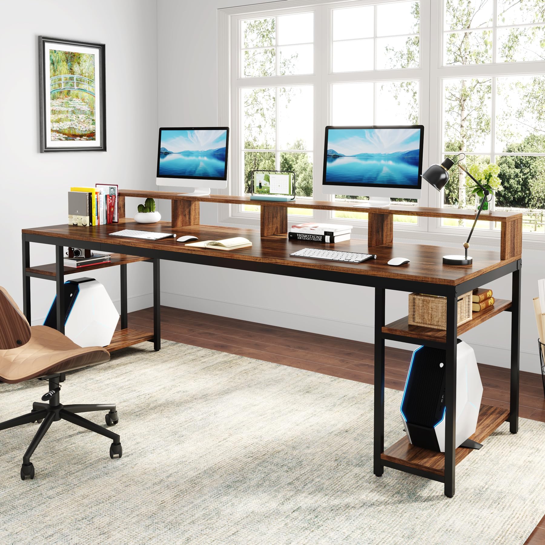 Tribesigns Two Person Desk with Monitor Stand, 78.74" Long Double Computer Office Desk with Storage Shelves, Large Gaming Desk Study Writing Table Workstation for Home Office, Rustic Brown - WoodArtSupply