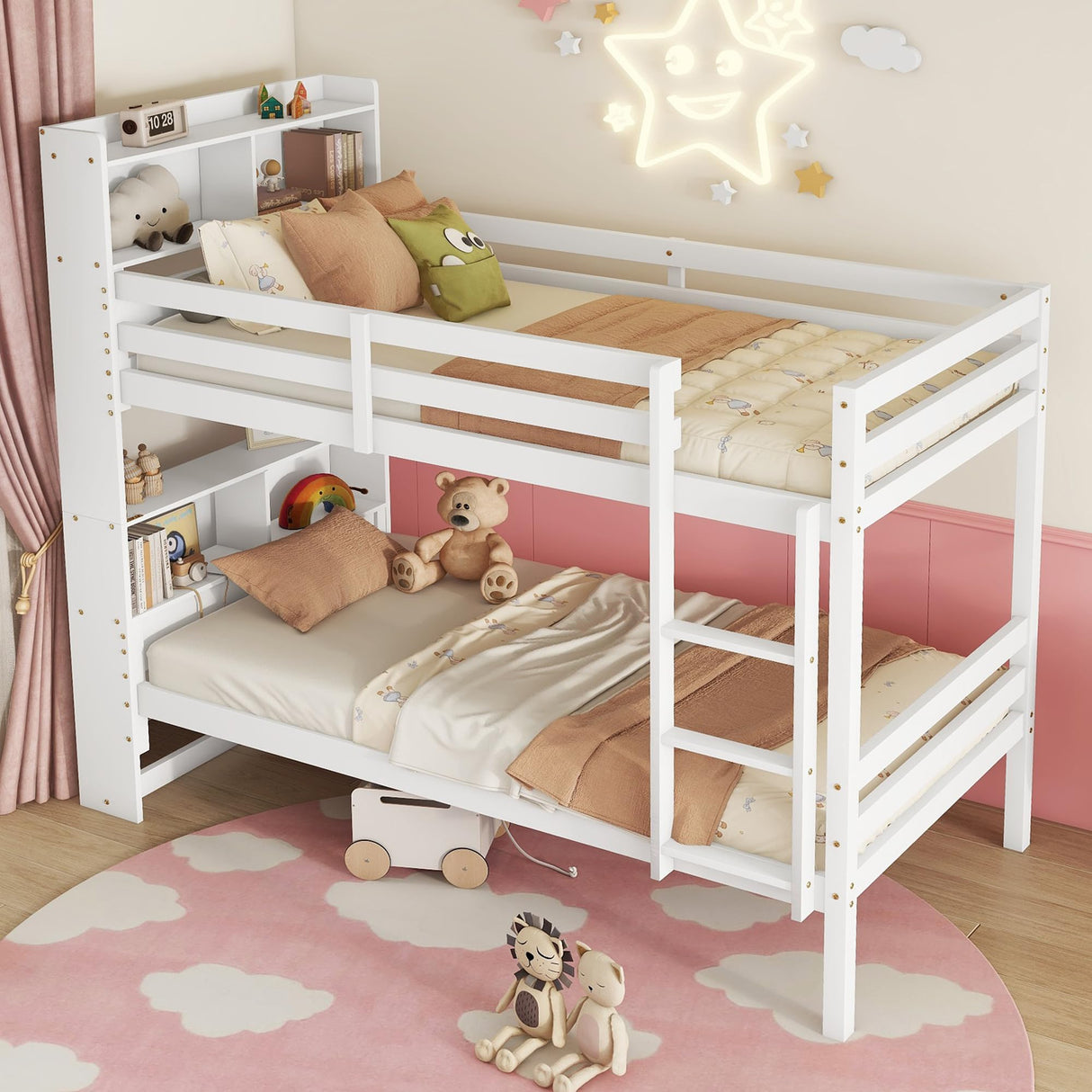 KEIKI Twin Over Twin Wooden Bunk Bed with Shelves, Ladder & Guardrails, Convertible Design for Boys, Girls, or Teens, No Box Spring Needed, White KEIKI