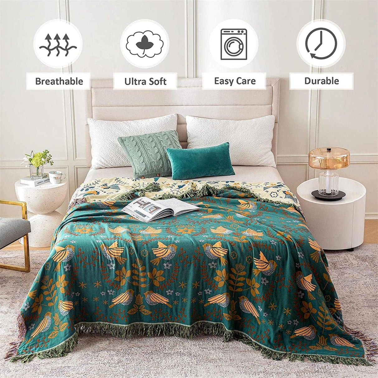 Boho Throw Blanket for Bed 100% Cotton Ultra Soft Rustic Quilt Fall Blanket Bird Floral Printed Farmhouse Decor Large Bed Blankets,60"×80" All Season Rustic Throw for Sofa Couch Chair LUTBM