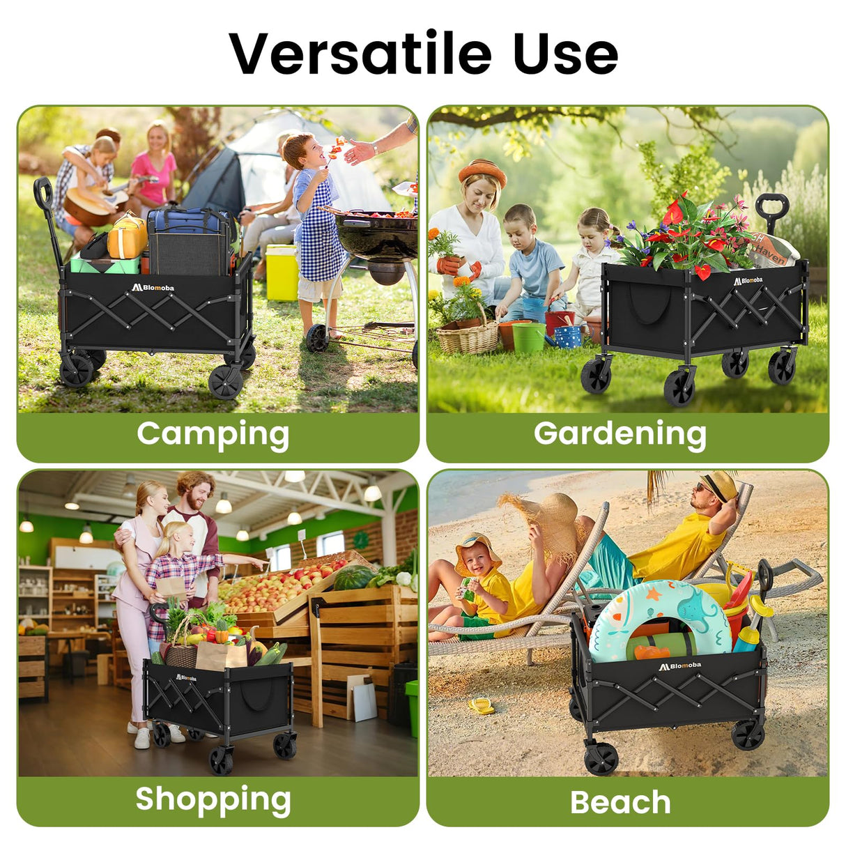 Collapsible Wagon with Wheels, 220 lbs Wagons Carts Foldable Wagon Cart with Flexible Handle, Lightweight Portable Folding Utility Grocery Shopping Cart for Grocery Sports Garden Camping Blomoba