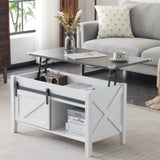 VINGLI White Charcoal Lift Top Coffee Table, 36" Small Farmhouse Barn Door Coffee Table with Storage, Rectangular Center Wood Coffe Table with Lifting Top, Living Room Tables with Hidden Compartment VINGLI