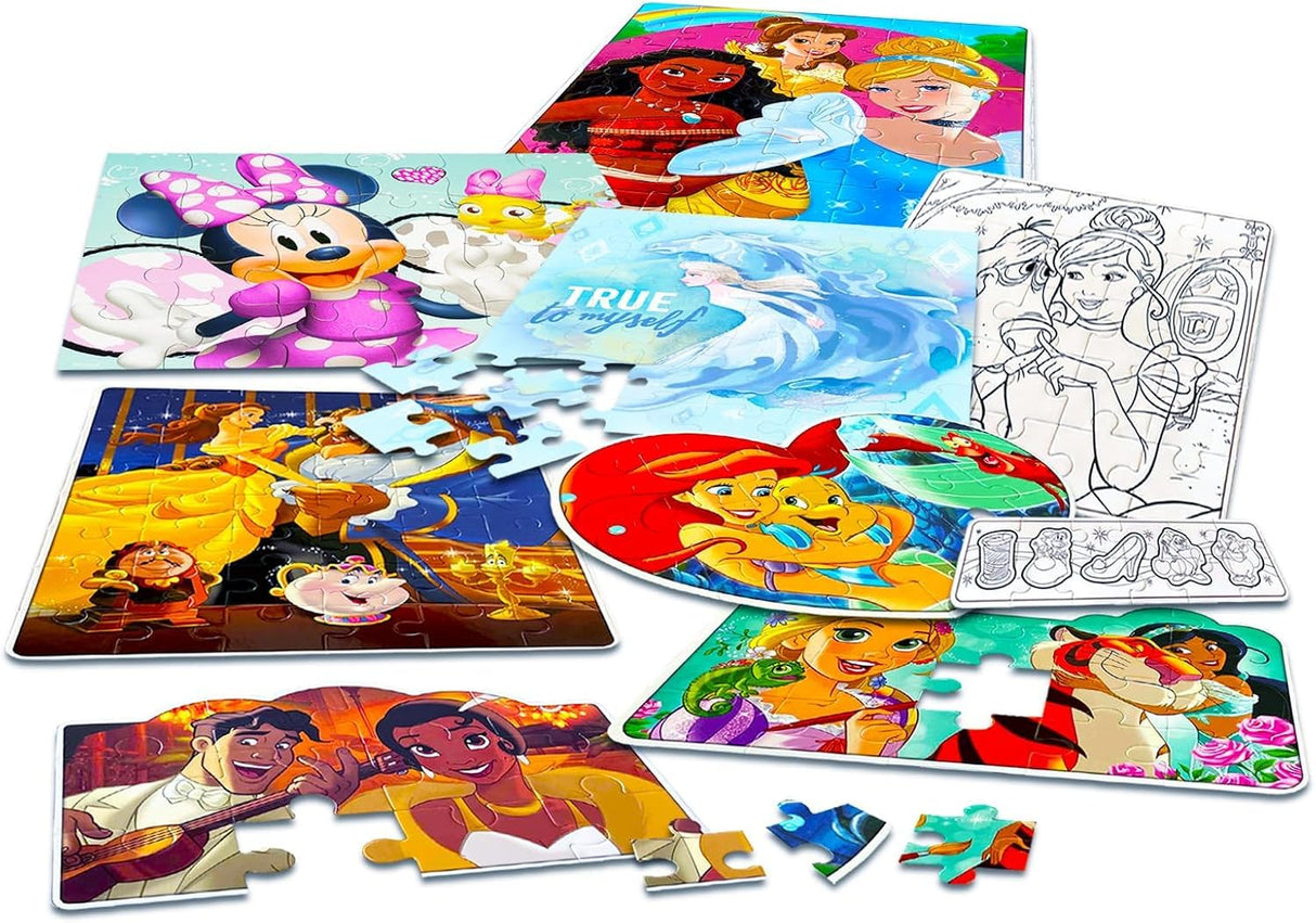 Disney Princess Jigsaw Puzzles Set for Girls- 10 Pack Bundle of Puzzles Featuring Minnie Mouse, Ariel, Jasmine, and Others, Plus Stickers and More | Disney Puzzle for Party Favors Disney