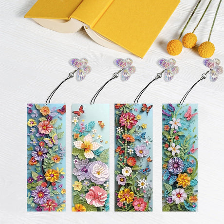 4pcs Diamond Art Bookmarks,Diamond Painting Bookmark Kits for Adult,DIY Gem Art Small Crafts with Rhinestone Tassel,Paint by Diamonds for Graduation Birthday Reader Gifts (Flower) bestact