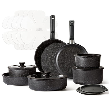 CAROTE 21pcs Pots and Pan Set Non Stick, Nonstick Induction Cookware, Detachable Handle Cookware Set, Dishwasher Safe, Removable Handle, RV Oven Safe Cookware, Midnight Black CAROTE