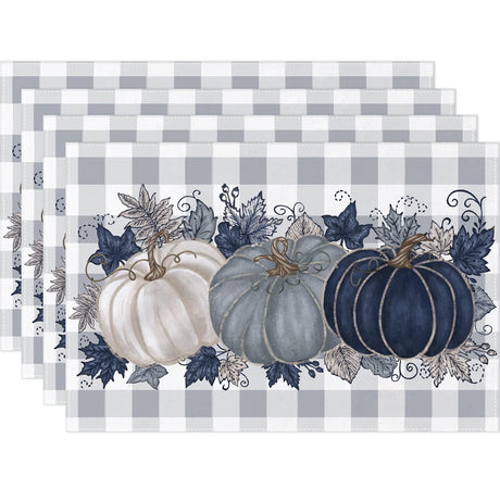 Heirloom Haven Fall Thanksgiving Placemats Set of 4,Buffalo Plaid Blue Vintage Pumpkin Maple Leaf Decorative Autumn Harvest Farmhouse Place Mat for Kitchen Dining Home Party Decoration 12x18 Inch Heirloom Haven