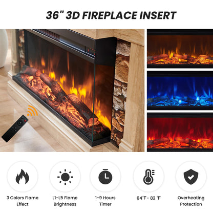 OKD 52" Electric Fireplace with Mantel, Freestanding Fireplace Heater TV Stand with 36" 3-Side Glass Insert for TVs Up to 65" with Storage Cabinet for Living Room, Natural Oak