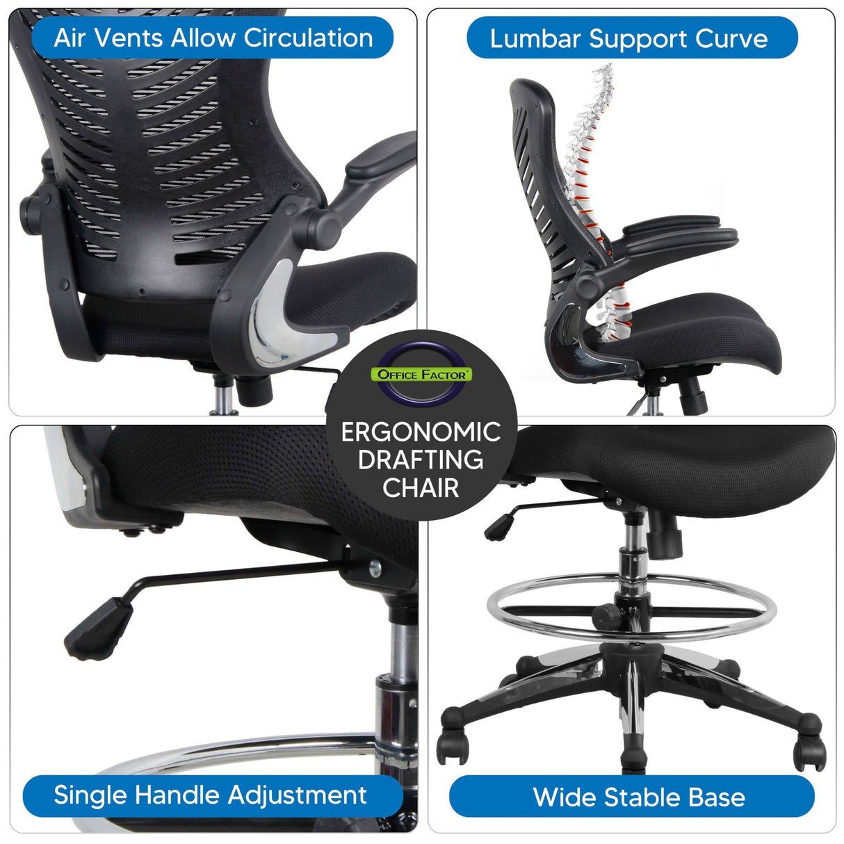 OfficeFactor Ergonomic Drafting Chair Tall Office Chair Standing Desk Chair Flip up Armrests Molded Foam Seat with Adjustable Footrest Ring Lumbar Support (Black MESH Fabric) OFFICE FACTOR