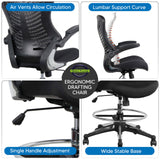 OfficeFactor Ergonomic Drafting Chair Tall Office Chair Standing Desk Chair Flip up Armrests Molded Foam Seat with Adjustable Footrest Ring Lumbar Support (Black MESH Fabric) OFFICE FACTOR