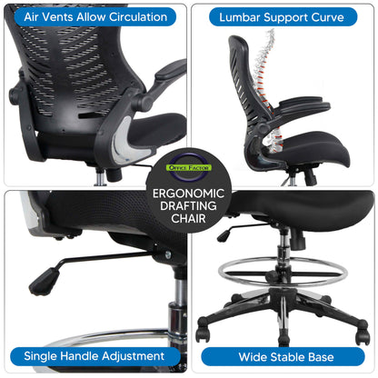 OfficeFactor Ergonomic Drafting Chair Tall Office Chair Standing Desk Chair Flip up Armrests Molded Foam Seat with Adjustable Footrest Ring Lumbar Support (Black MESH Fabric) - WoodArtSupply