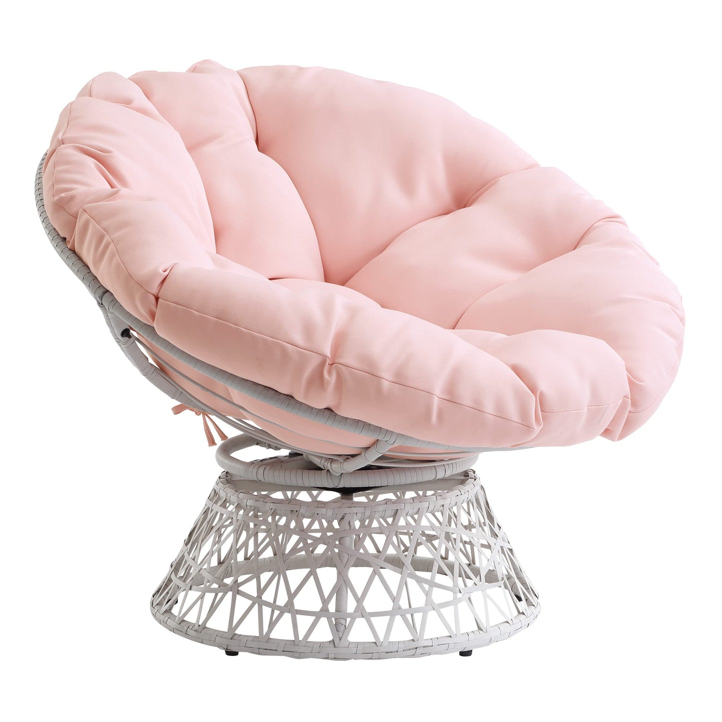 OSP Home Furnishings Wicker Papasan Chair with 360-Degree Swivel, Cream Frame with Pink Cushion