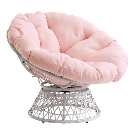 OSP Home Furnishings Wicker Papasan Chair with 360-Degree Swivel, Cream Frame with Pink Cushion OSP Home Furnishings