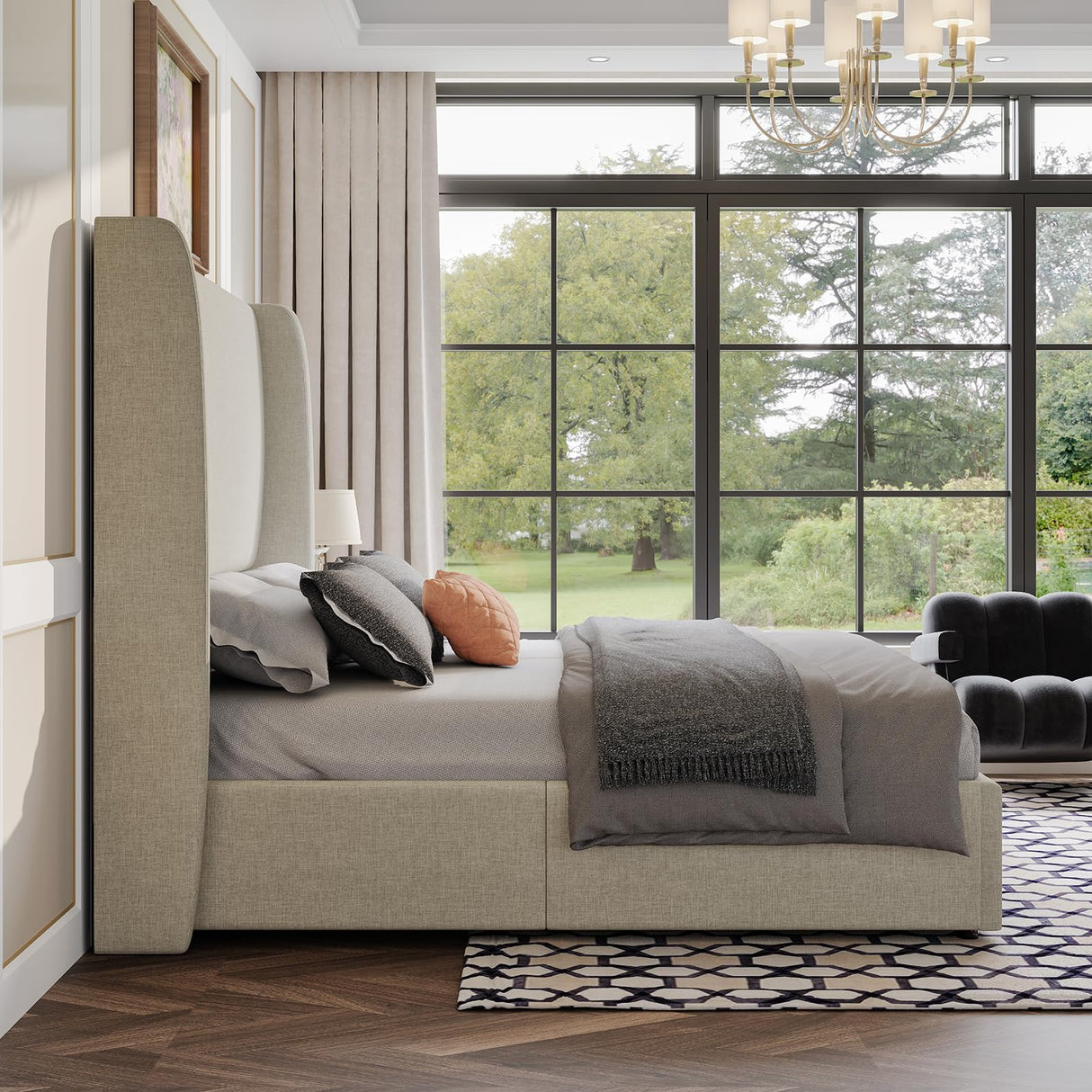 AMERLIFE Lift Up Storage Bed Queen Size Linen Upholstered Platform Bed Frame, Hydraulic Storage,Modern Wingback Headboard, No Box Spring Needed, Khaki AMERLIFE