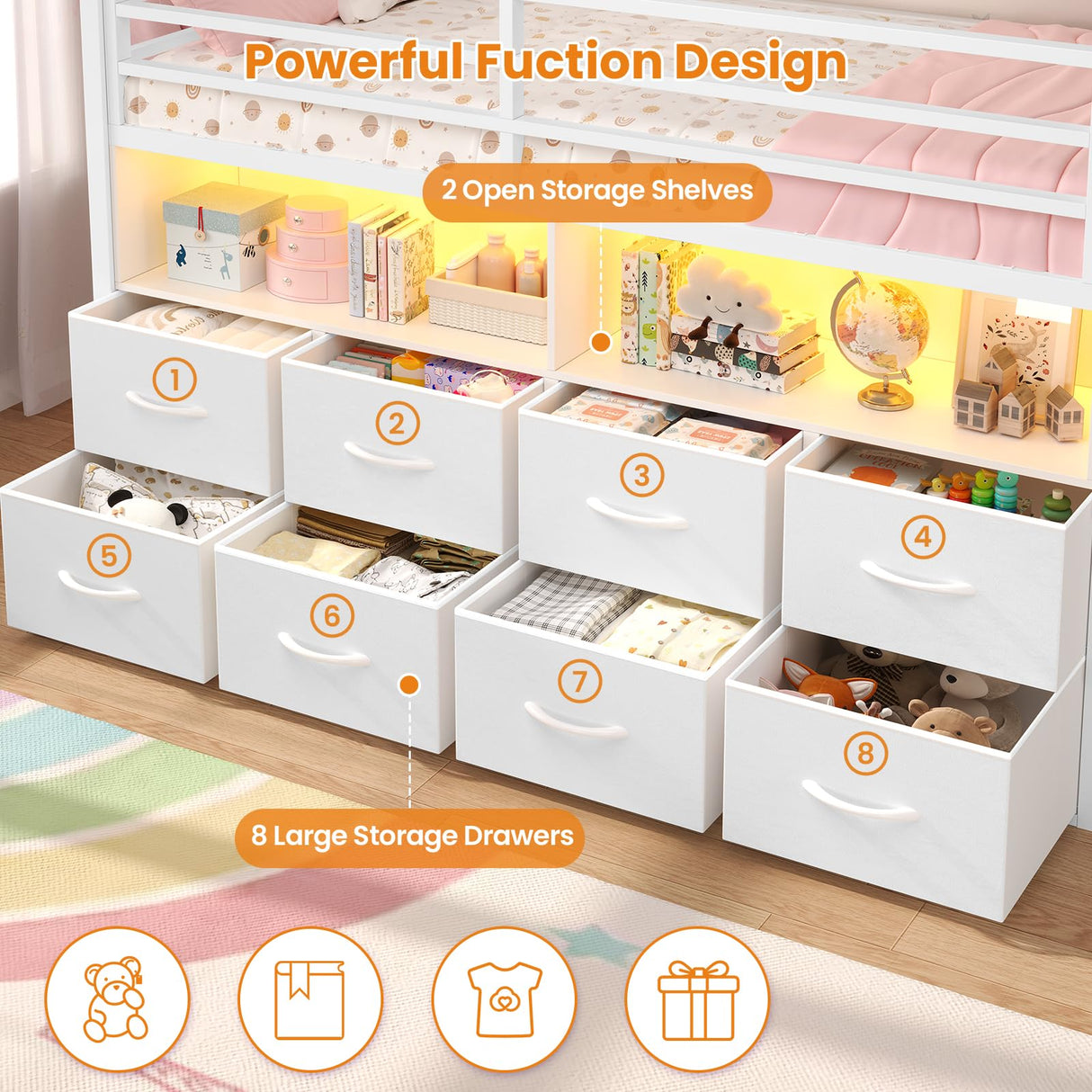 BTHFST Twin Size Loft Bed for Kids, 8 Storage Drawers & LED Lights, House Shaped Metal Bed with Bookcase, Soft Foam Ladder, 13.4" Safety Guardrail, Space Saving, Fun Curtain BTHFST