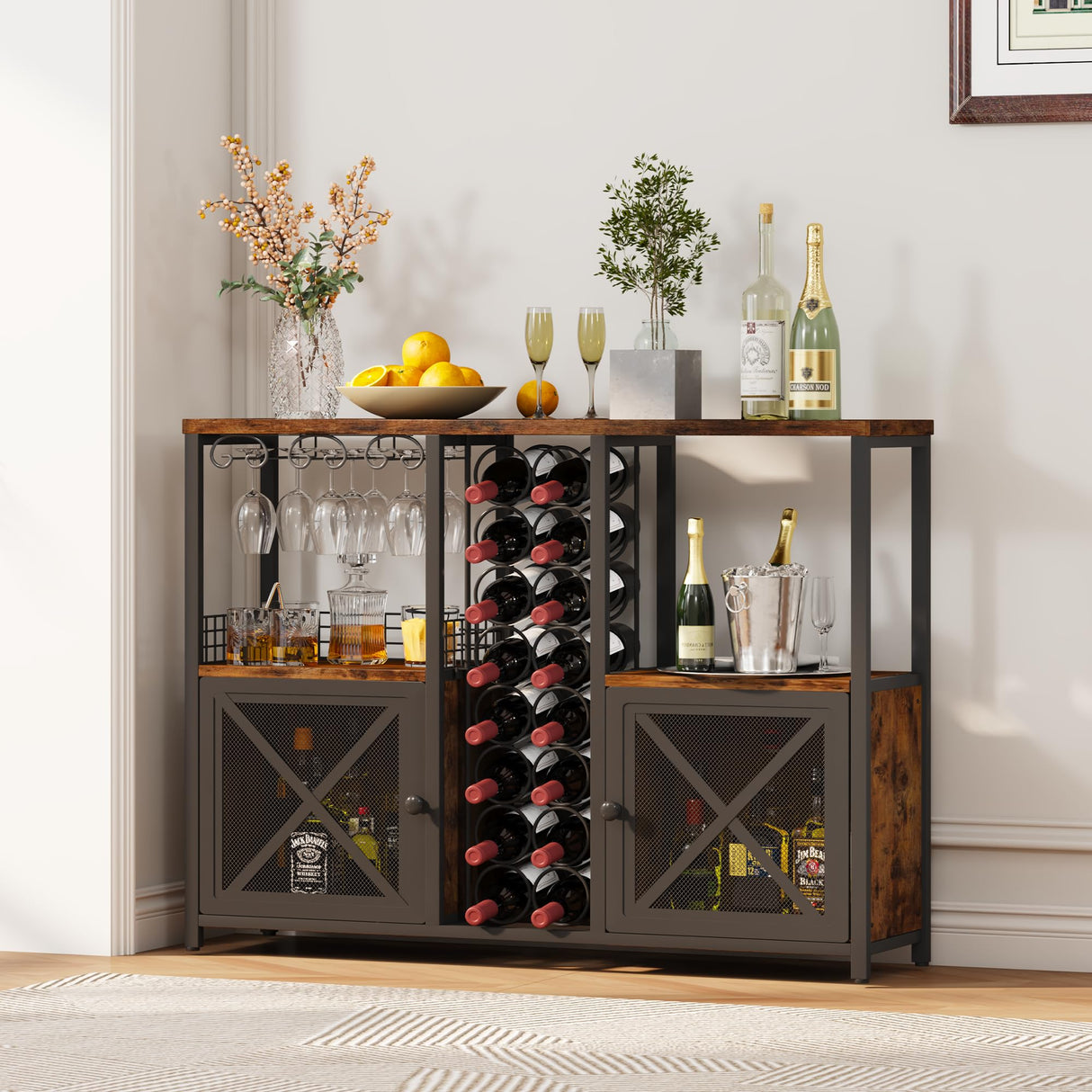 Homeiju Mini Bars for Home, Wooden Coffee Bar Cabinet, Modern Liquor Cabinet for Liquor and Glasses, Farmhouse Buffet Wine Bar Cabinet with Storage Sideboard for Home Kitchen Dining Room Homeiju