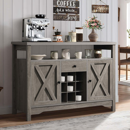 Coffee Bar Cabinet with Storage, 47'' Coffee Bar Station Cabinet, Farmhouse Coffee Bar Buffet Cabinet Gray with Drawer, 9 Wine Racks, Barn Doors for Dining Room, Living Room - WoodArtSupply