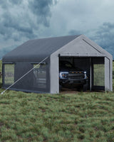 GarveeLife 12x20 Ft Carport, Car Port with 200g PE Tarp, Roll-Up Doors, and 4 Windows, for Full-Size Pickups, Bass Boats, Tractors, and SUVs, Gray GarveeLife