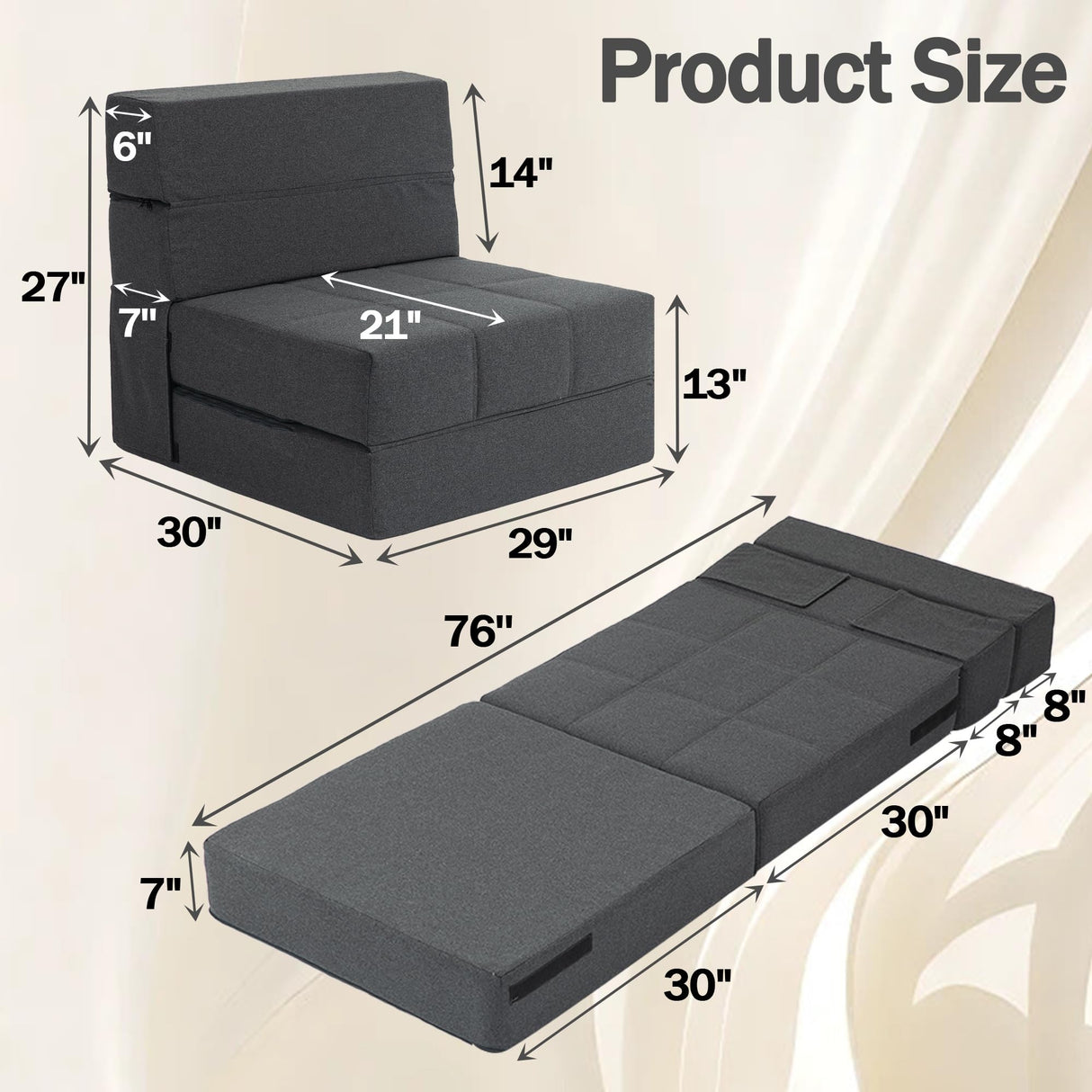 CATMIX Folding Sofa Bed, 7 inch Memory Foam Floor Couch, Convertible Sleeper Foldable Mattress Futon Sofa for Living Room/Home Office/Guest Beds/Apartment/Upstairs Loft (Dark Gray, Single) CATMIX