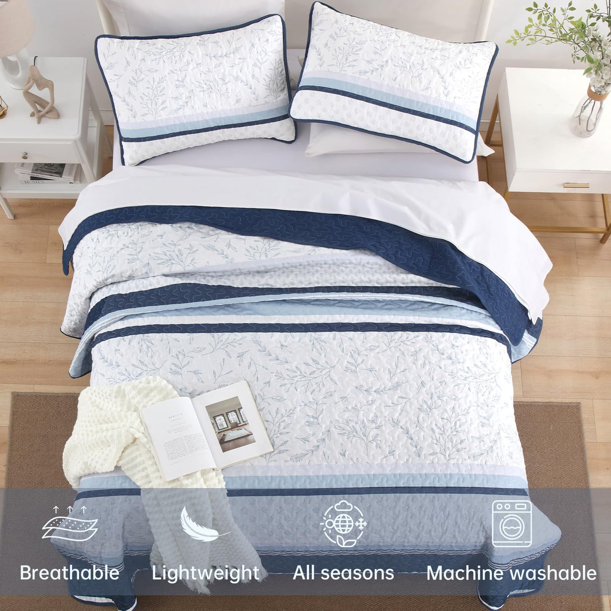 DJY Striped Quilt Set King Size, Navy Blue Boho Striped Patchwork Leaves Printed Bedspread Coverlet Set 3 Pieces Soft Lightweight Microfiber Quilted Bedding Set for All Season (104"x90") DJY