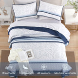 DJY Striped Quilt Set King Size, Navy Blue Boho Striped Patchwork Leaves Printed Bedspread Coverlet Set 3 Pieces Soft Lightweight Microfiber Quilted Bedding Set for All Season (104"x90") DJY