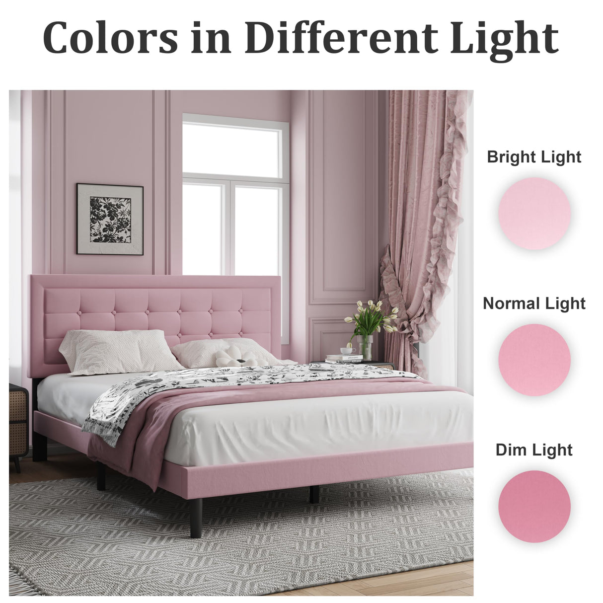 IOILORI Queen Size Upholstered Platform Bed, Queen Size Bed Frame with Tufted Button Headboard, Sturdy Frame Wooden Slats, No Spring Mattress Required, Noiseless, Easy to Assemble, Pink IOILORI