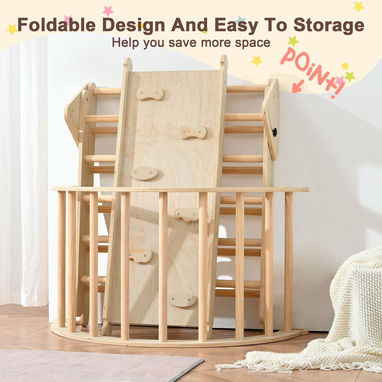 Pikler Triangle Set, Foldable Climbing Play Gym with Arch, Ramp, and Climbing Triangle, Wodden Toddler Climbing Toys Indoor, Montessori Learning Toy for Kids 2-12 Years OLLIKIVI