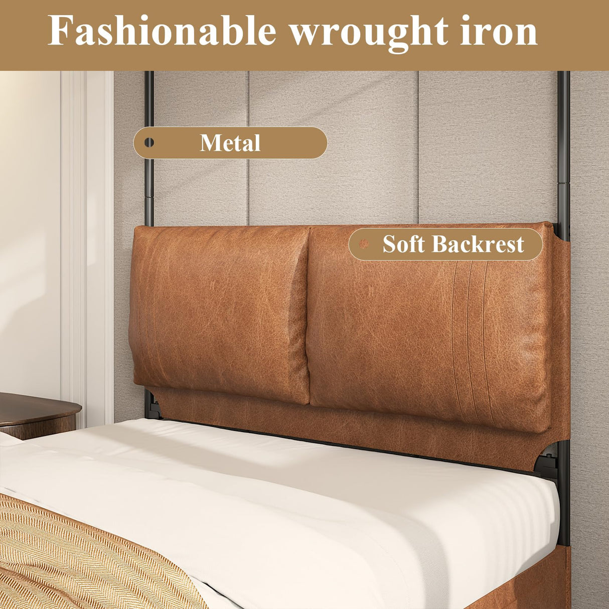 Canopy Bed Frame Queen Size with Upholstered Headboard, Tall Four Poster Metal Platform Bed, Easy to Assemble, No Box Spring Needed, Brown QNICE