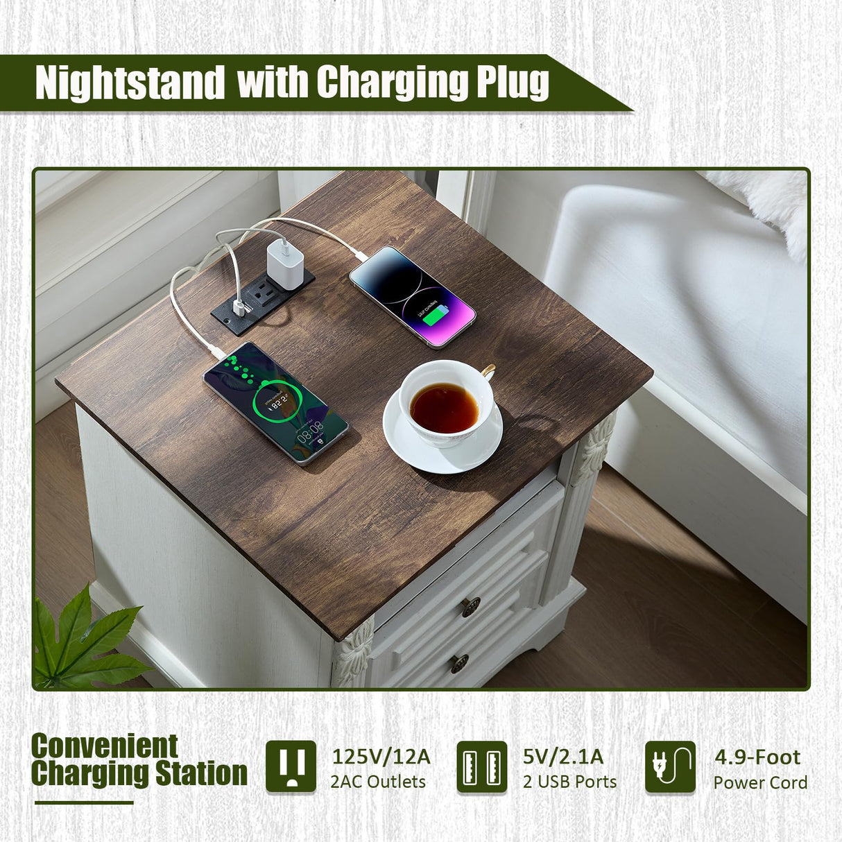 BLANKSPACE Nightstand with Charging Station, Farmhouse End Side Table, Smart LED Night Stand,Bedside Cabinet for Bedroom, Living Room (Antique White) BLANKSPACE