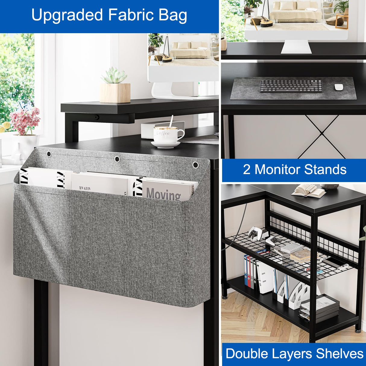 ElectraSpeedy 49" L Shaped Desk with Power Outlet & LED Lights, Reversible Corner Computer Desk with Storage Shelves & Monitor Stand, Home Office Desk for Gaming Writing Study (Black) ElectraSpeedy