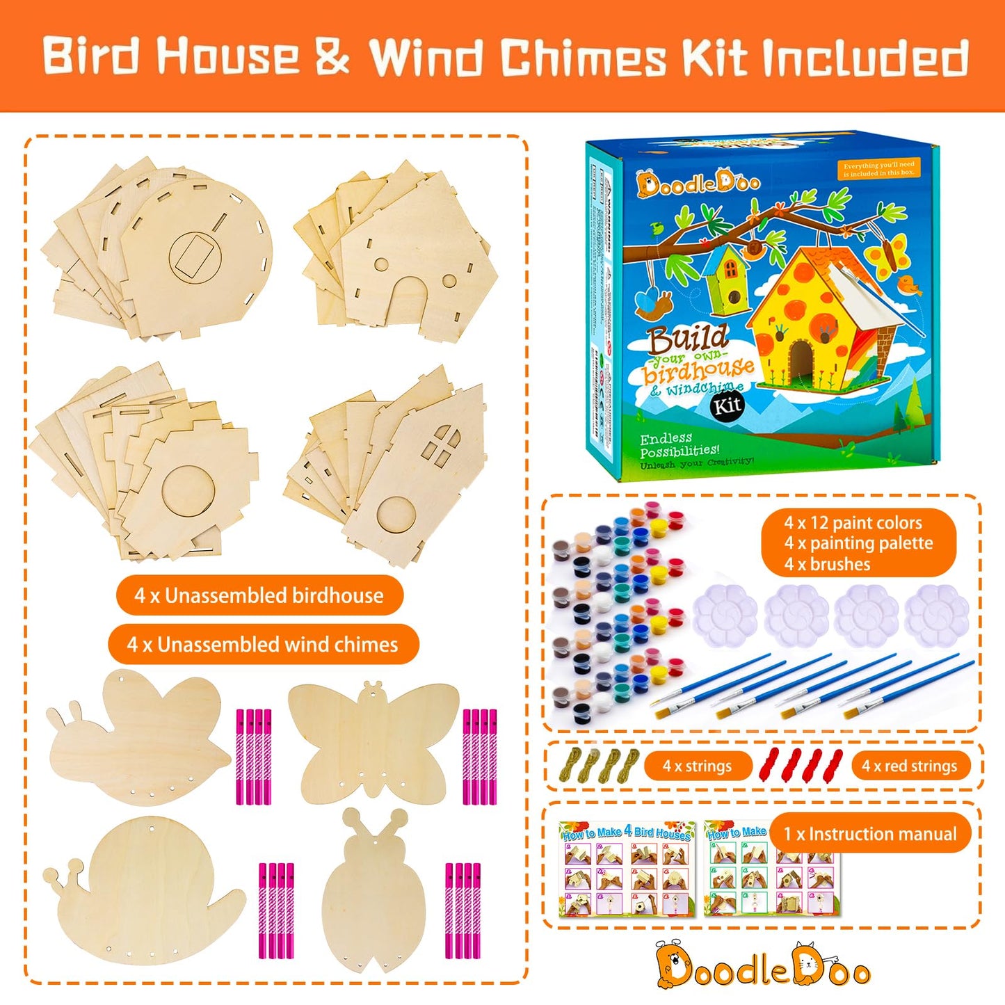 DoodleDoo 8 Pack Bird House & Wind Chime Kits, Buildable Birdhouse DIY Crafts for Kids Ages 4-8 8-12, for Children Boy Girl to Build, 3+ Summer Arts and Craft