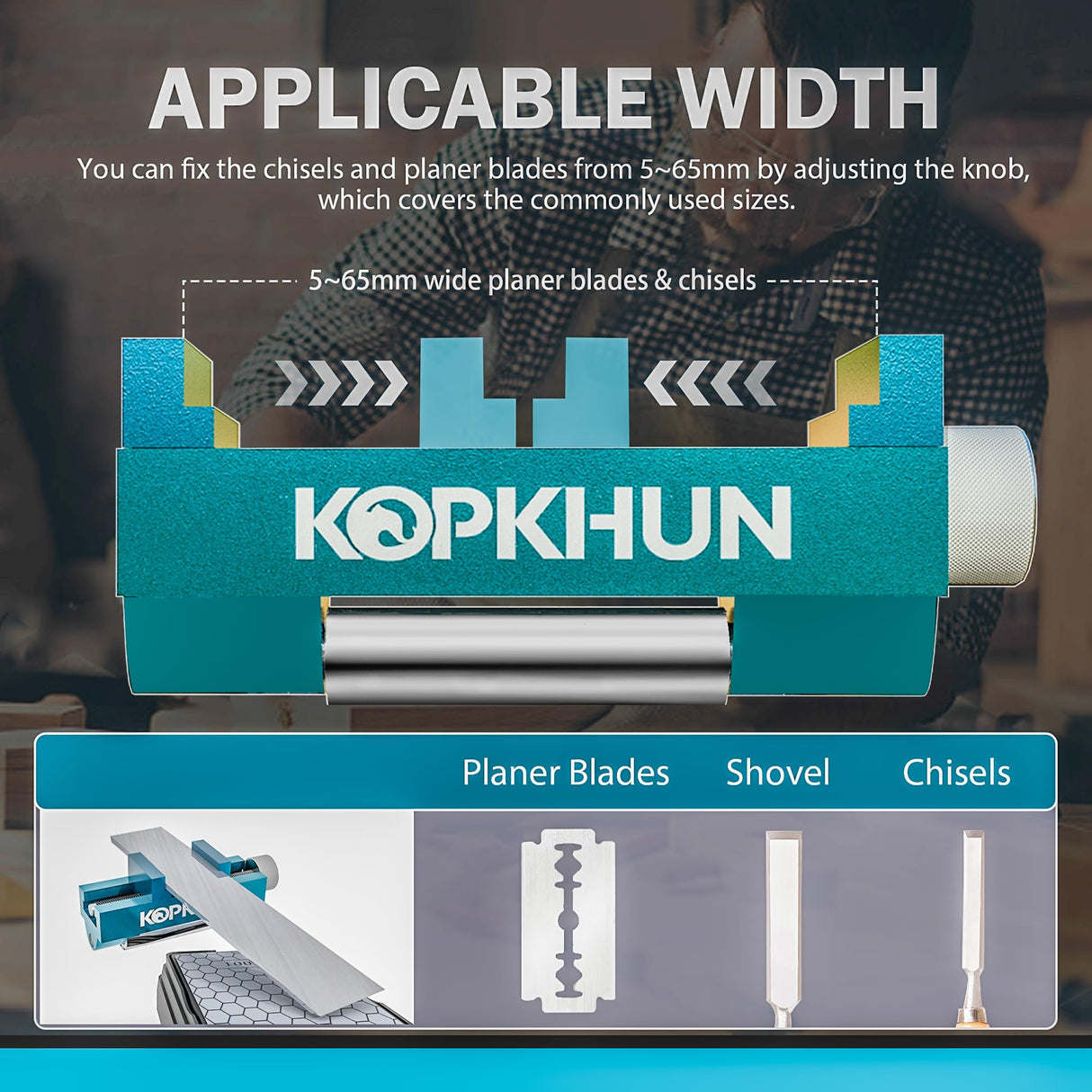 Kopkhun Chisel Honing Guide with Whetstone – Adjustable Sharpening Jig for Chisels and Plane Irons (0.2”–2.55”) – Anti-Rust Metal Body – Smooth Rolling Sharpening Tool Kit Kopkhun