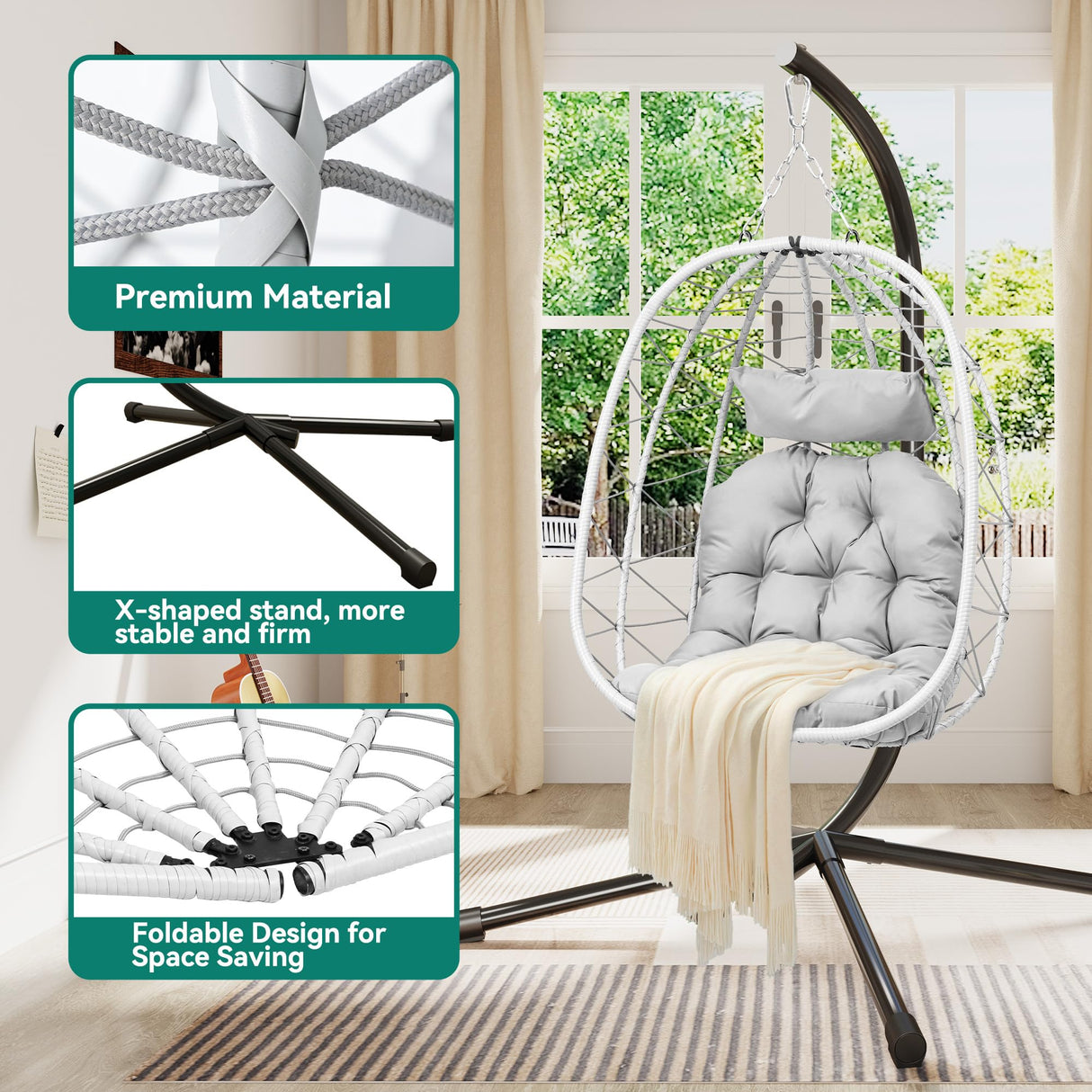 YITAHOME Hanging Egg Chair with Stand Swing Chair Wicker Indoor Outdoor Hammock Egg Chair with Cushions 330lbs for Patio, Bedroom, Garden and Balcony, Single, Light Gray YITAHOME