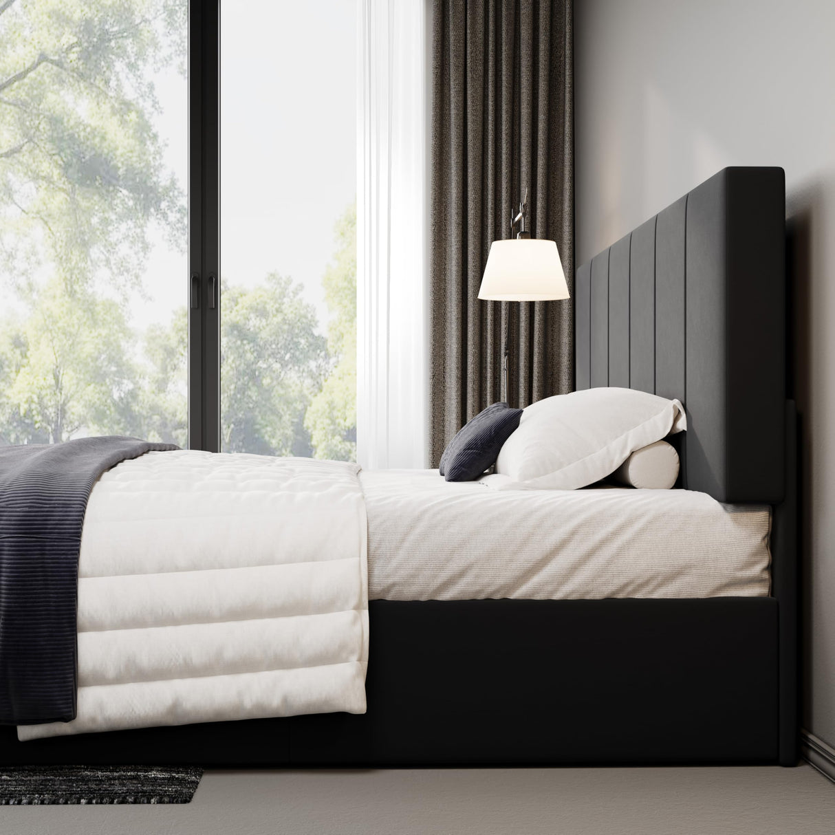 Allewie King Size Dutch Velvet Upholstered Platform Bed Frame/Vertical Channel Tufted Adjustable Headboard/Low Profile Bed Frame/No Box Spring Needed/Easy Assembly/Black Allewie