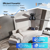 52 Inch Ceiling Fan with Lights and Remote/APP Control - Black Flush Mount Ceiling Fan with Dimmable LED Light, Reversible DC Motor, Low Profile Ceiling Fan for Modern Indoor and Outdoor Patios CHESUR