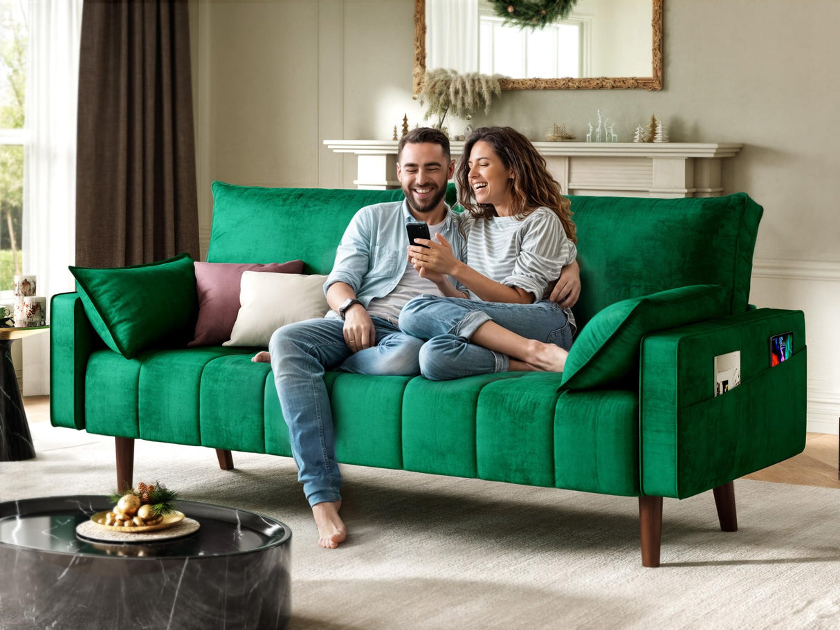 YITAHOME 67" Loveseat Sofa, Velvet Fabric Sofa Couch for Small Space, Modern Loveseat with Button Tufted Seat and Side Storage Pockect, 3 Seater Couch for Living Room Bedroom, 2 Pillow Included, Green YITAHOME