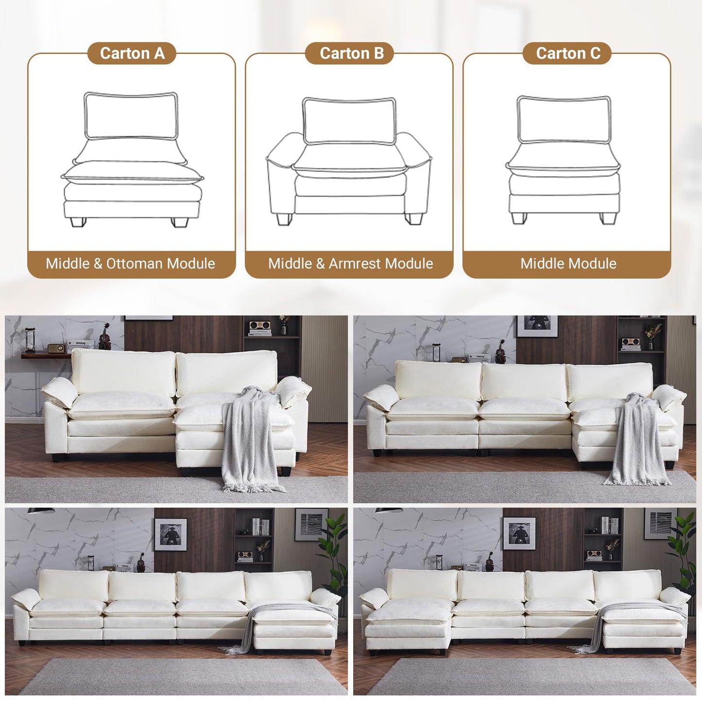 VINGLI 122" Cloud Double-Layer Deep Convertible Sectional Sofa, Comfy L-Shape 3-Seat Couches for Living Room, Modern Couch with Movable Ottoman for Small Space, White/Cream Chenille