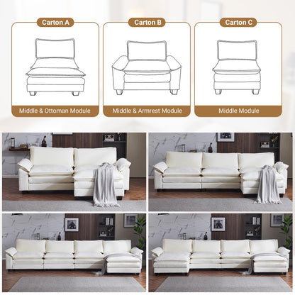 VINGLI 122" Cloud Double-Layer Deep Convertible Sectional Sofa, Comfy L-Shape 3-Seat Couches for Living Room, Modern Couch with Movable Ottoman for Small Space, White/Cream Chenille