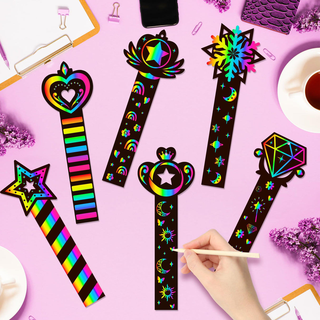 CY2SIDE 60PCS Princess Fairy Wand Scratch Bookmarks for Girls, Make Your Own Fairy Stick Scratch Paper Magic Wands Bookmark, DIY Princess Stick Rainbow Crafts Ornaments for Kids Birthday Party CY2SIDE