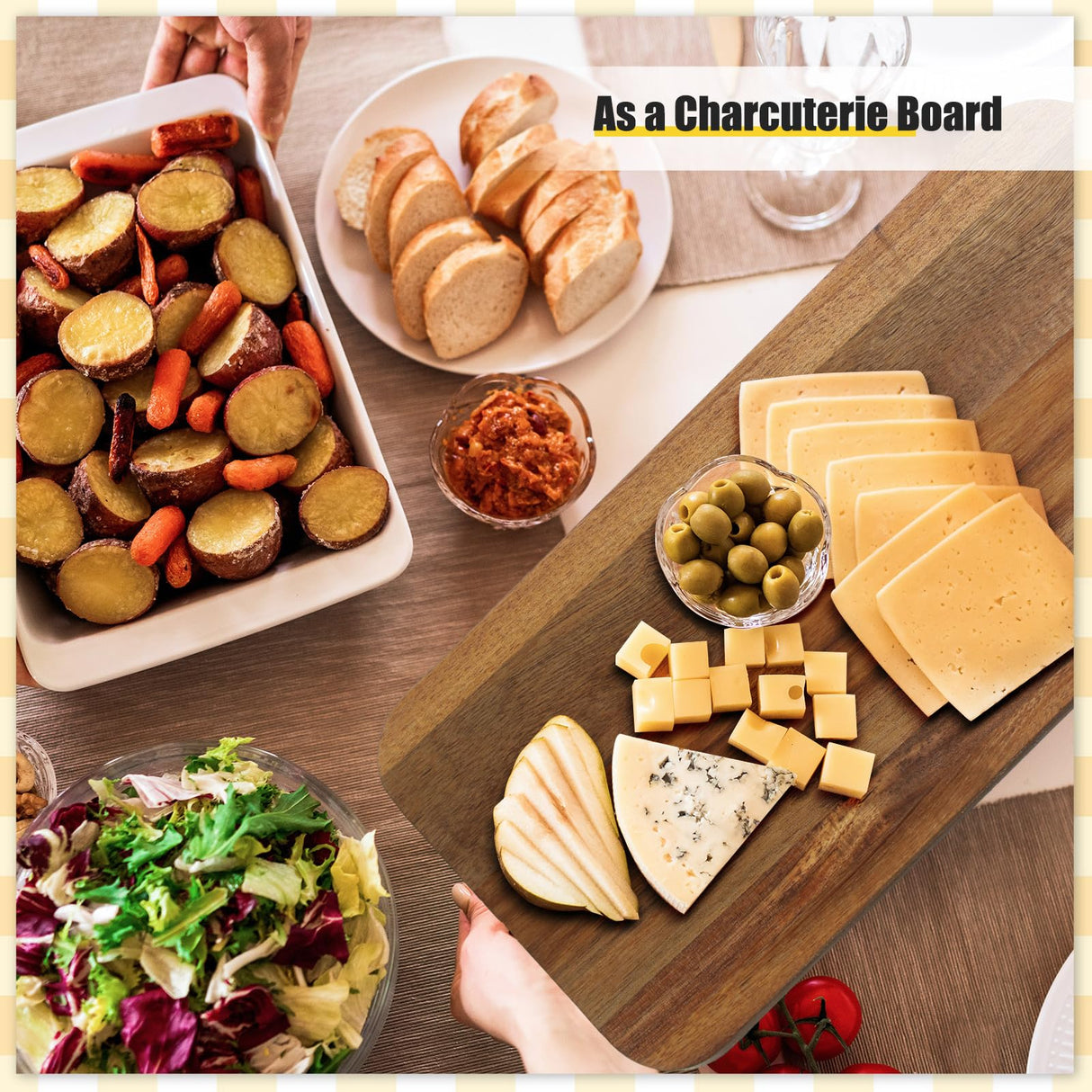 Rtteri 6 Pcs Acacia Wood Cutting Board Bulk Kitchen Thicken Chopping Board with Handles 17 x 6 Inch Wooden Charcuterie Serving Board Blank Wood Boards for Engraving Wedding Housewarming Gift Rtteri