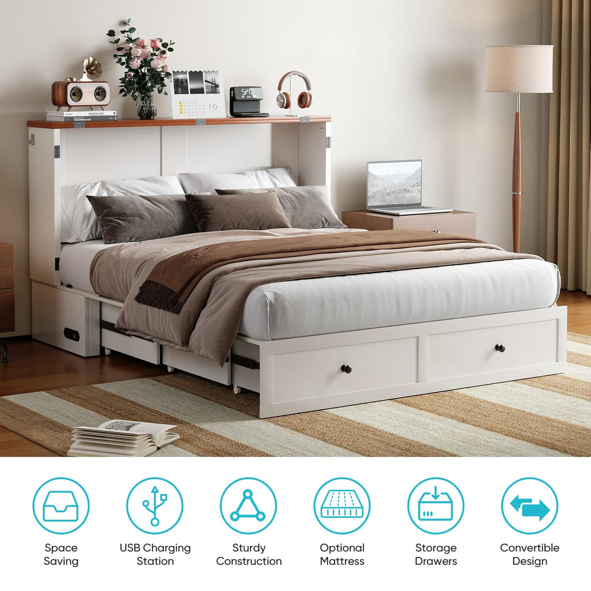 CECER Full Size Solid Wood Murphy Bed with Tri-Folding Mattress，Murphy Bed with Charging Station and Large Storage Drawer for Small Spaces/Bedroom/Guest Room-（White） CECER