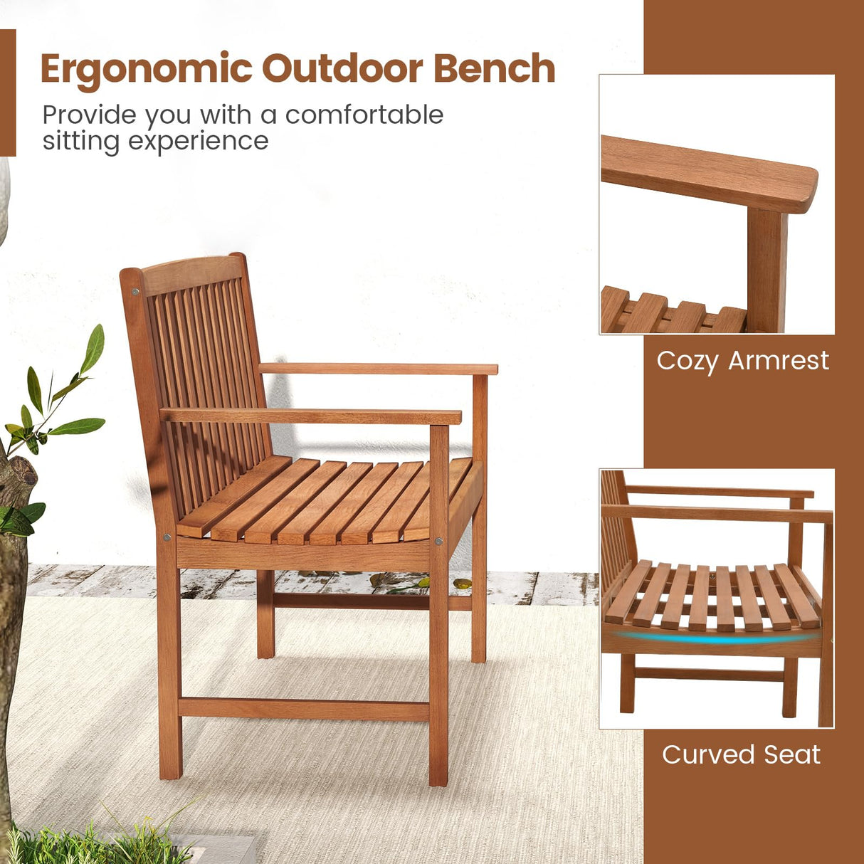 Tangkula 2-Person Eucalyptus Outdoor Garden Bench with Backrest and Armrests, Natural Finish Tangkula
