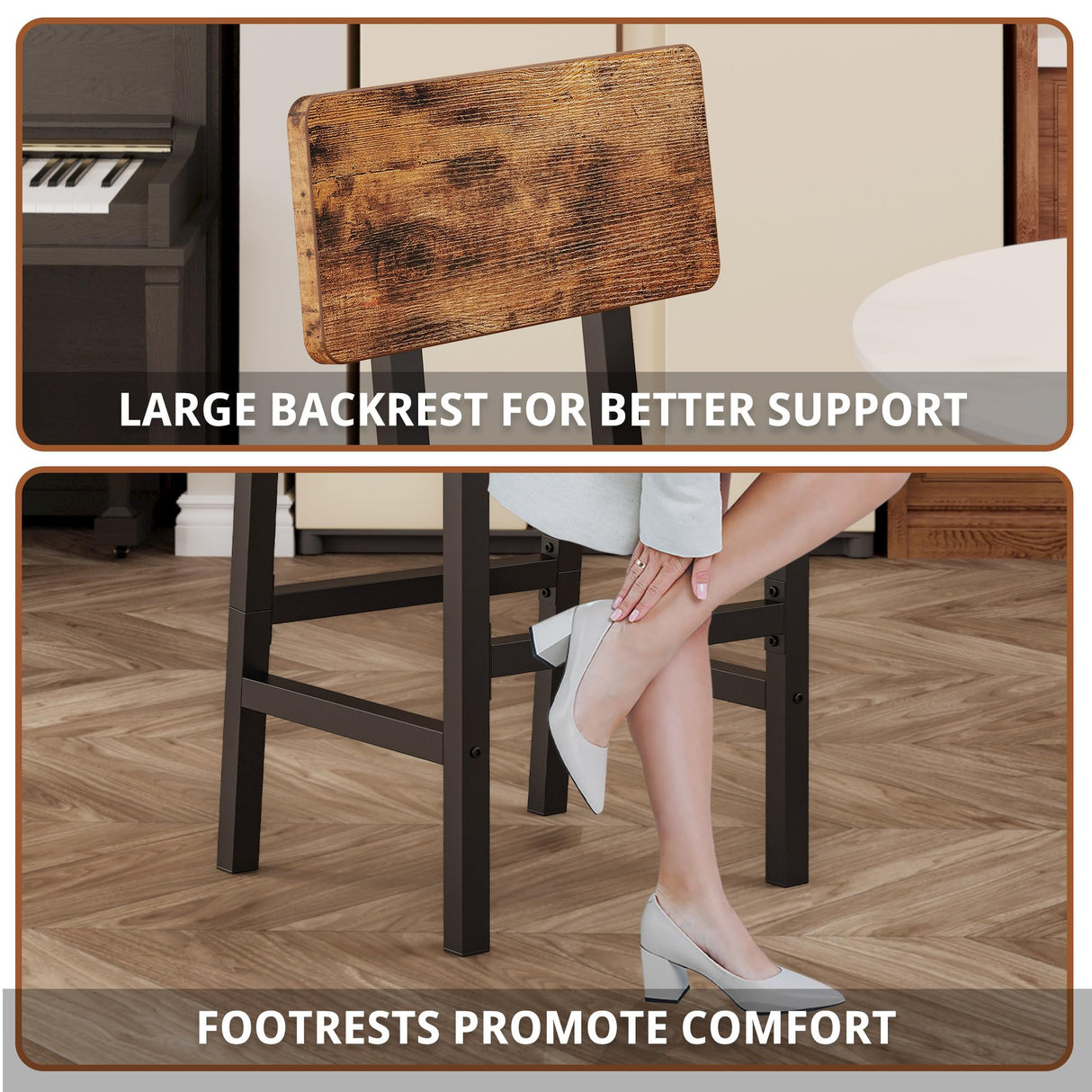 IRONCK Bar Stools Set of 2, 16.5in Square PU Upholstered Barstools with Back and Footrest, Thick Cushion Stools for Kitchen Island for Dining Room Kitchen Counter Bar, Rustic Brown and Black IRONCK