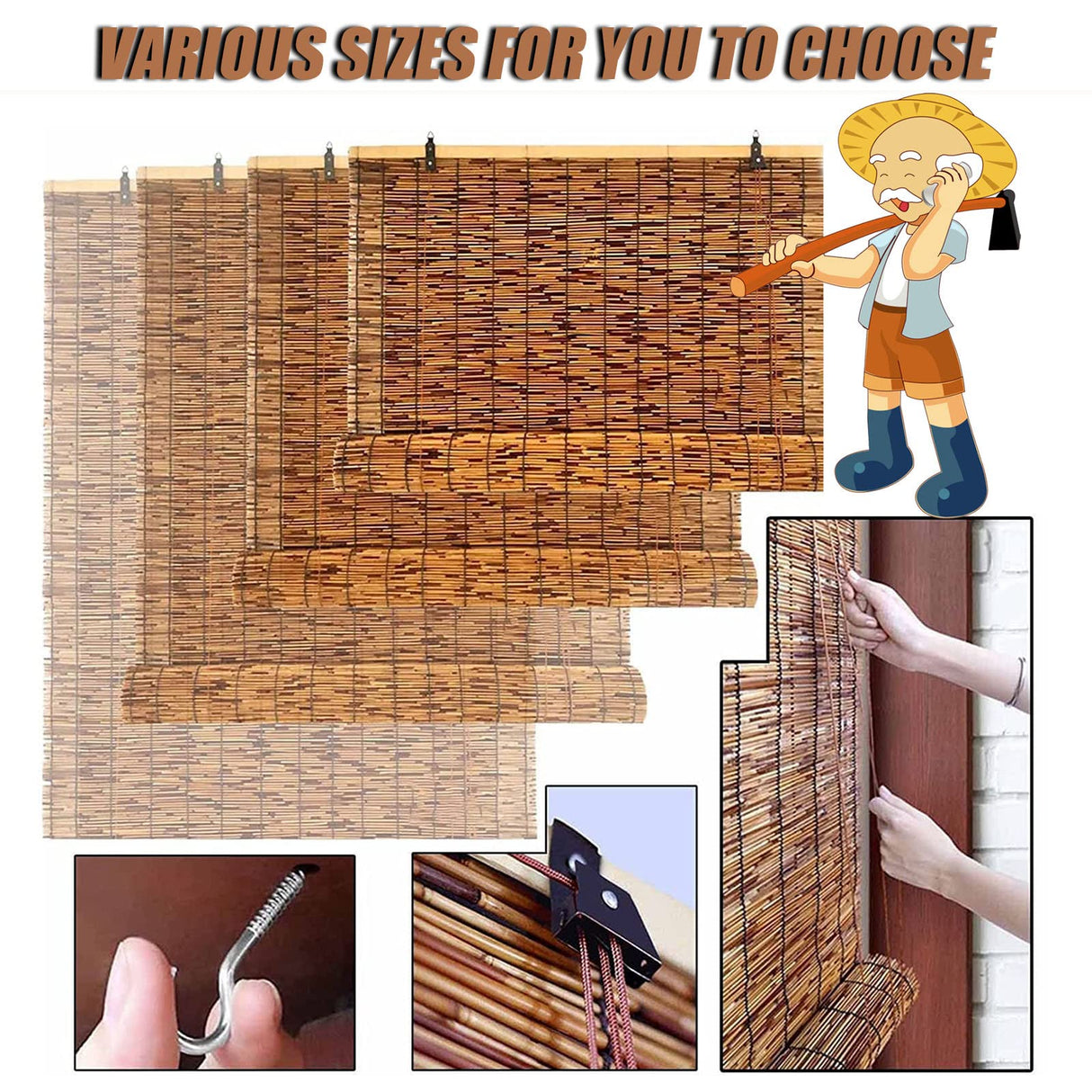 Bamboo Roll Up Shades Bamboo Shades for Patio Outdoor Blinds for Porch, Bamboo Roll Up Blinds Patio Shades Roll Up Outdoor Bamboo Blinds for Outdoor Patio 26×59in（W×H） Brown OCAZI