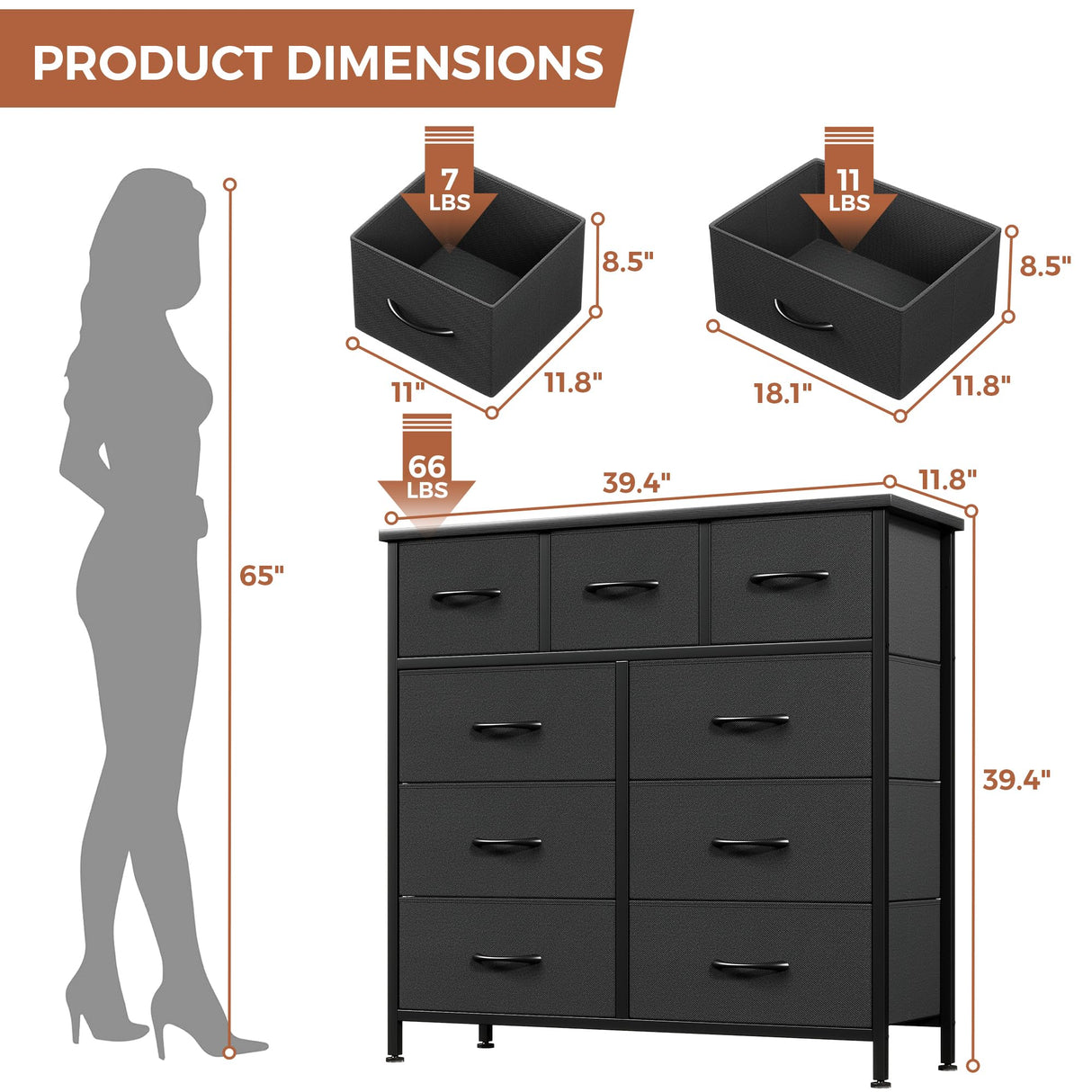 Jocoevol Fabric Dresser for Bedroom with 9 Drawers - Sturdy Steel Frame, Wooden Top & Easy Pull Chest of Drawers with Fabric Bins, Storage Organizer for Closet, Guest Room, Entryway (Black) Jocoevol