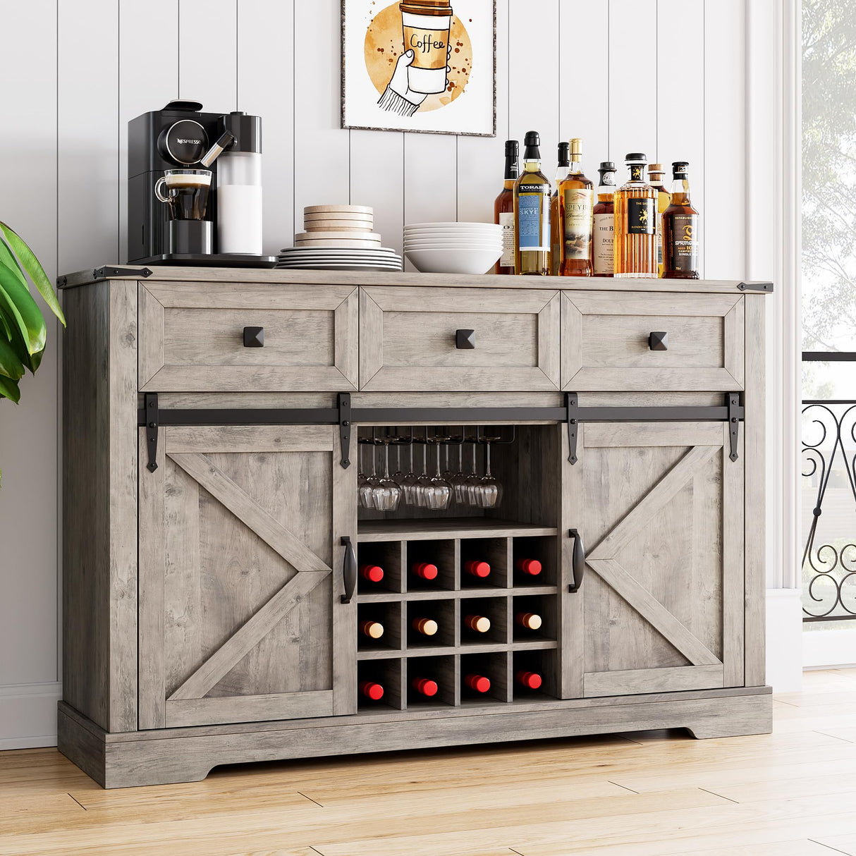Farmhouse Buffe t Cabinet with Sliding Barn Door - Versatile Coffee Bar & Wine Storage in Washed Gray IDEALHOUSE
